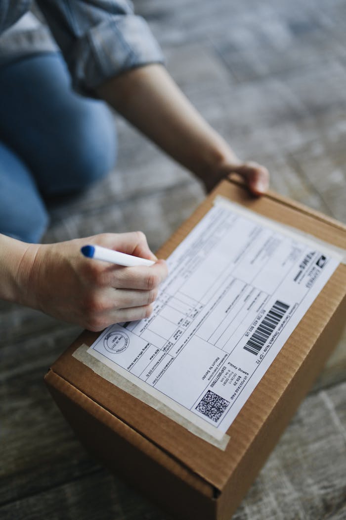 gallery-6 Close-up view of hands writing on a shipping box indoors.